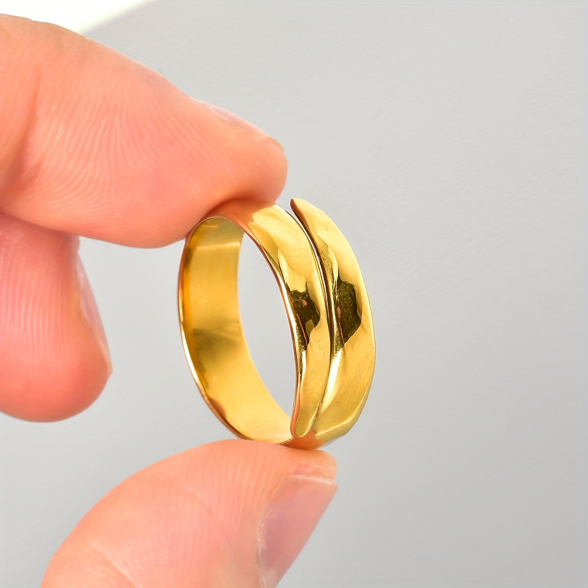 Adjustable Wide Band Geometric Ring Stainless Steel Golden Finish